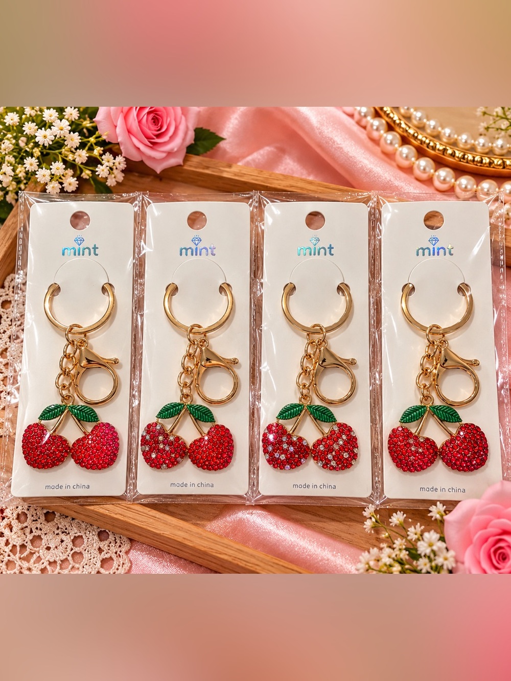 4  Gold Red Crystal Cherry bag charm